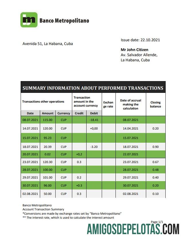 Cuba Banco Metropolitano modelo de extrato bancário